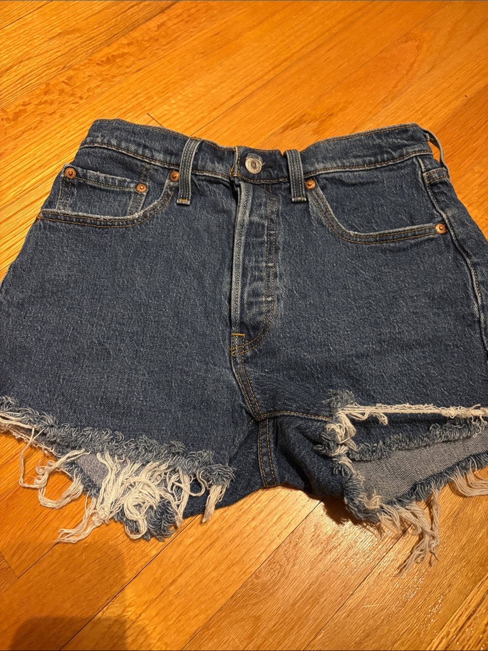 Levi's 501 Dark Blue Distressed High-Rise Denim Shorts